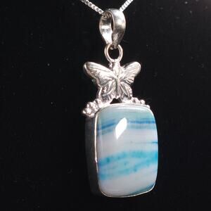 Blue Agate Pendant Necklace with Butterfly – Sterling Silver, 18"